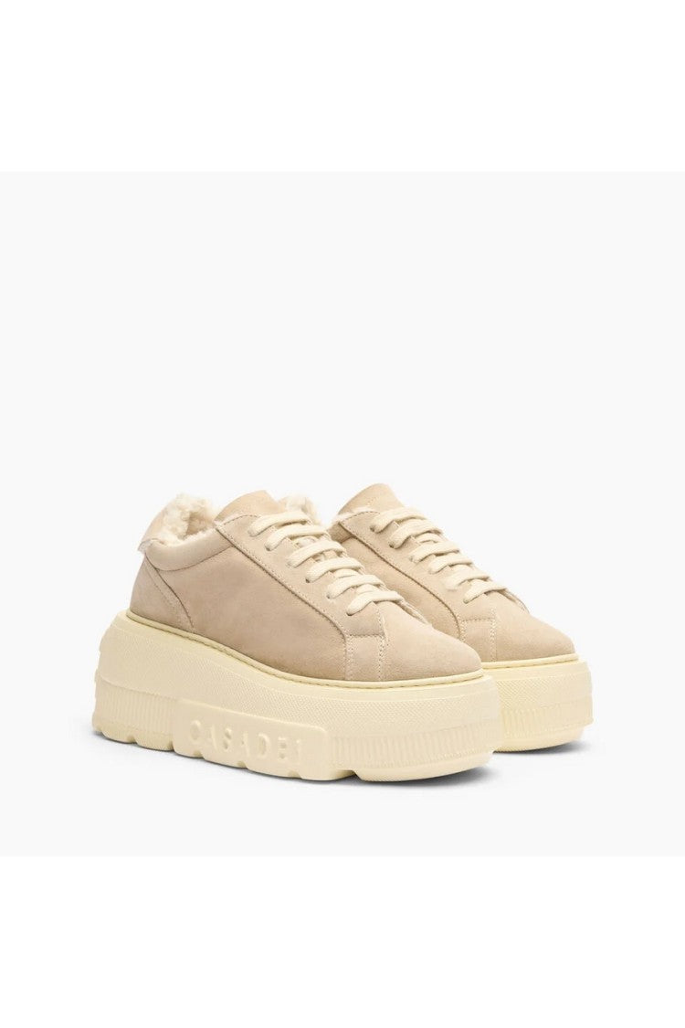 Casadei Beige Suede Shearling-Trim Platform Sneakers