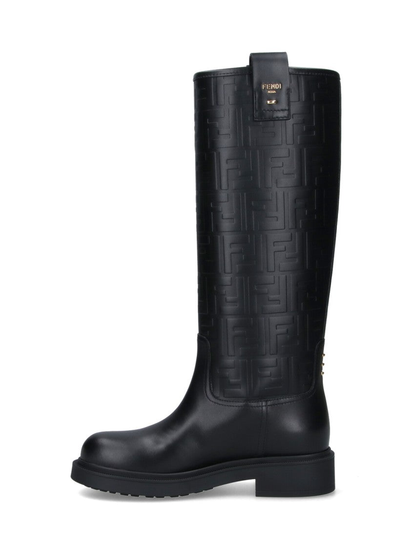 Fendi Tall Black Calf Leather Boots With Embossed Ff Pattern And Gold Accents