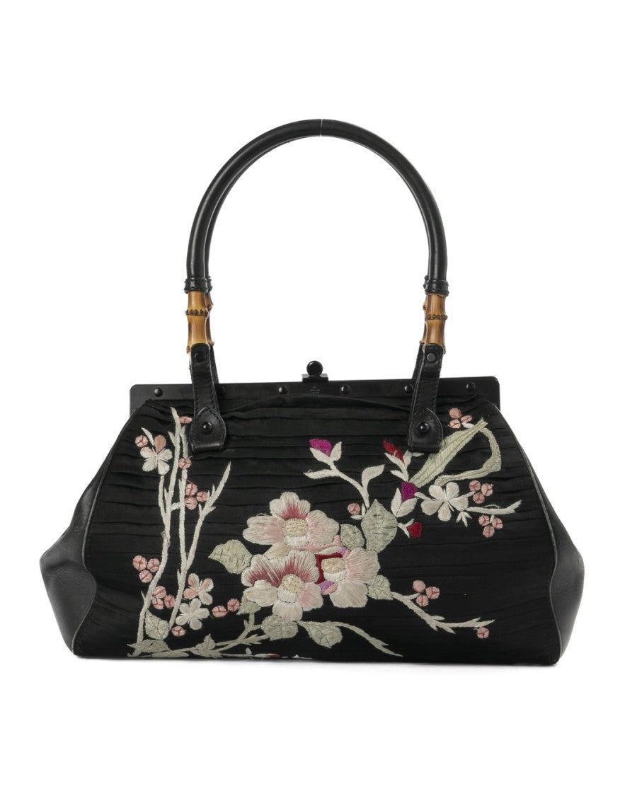 Gucci Black Bamboo Kimono Vintage Satin Tote Bag