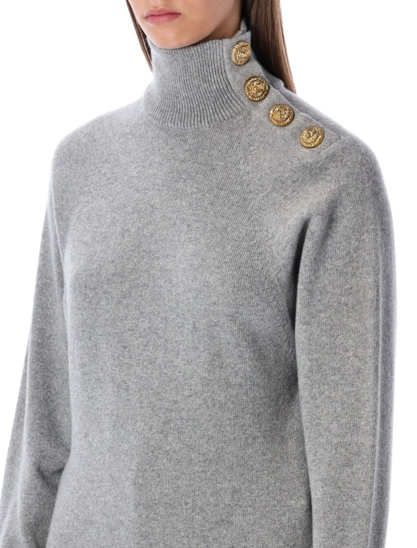 Balmain Grey High-Neck Wool Sweater With Gold Buttons