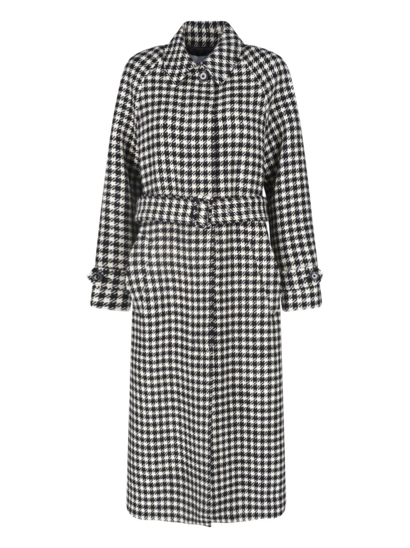 Lardini Black White Wool Houndstooth Belted Coat