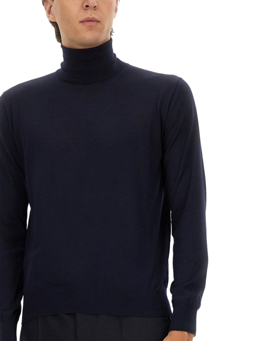 Saint Laurent Deep Navy Cashmere-Wool-Silk Blend Fitted Turtleneck Pullover