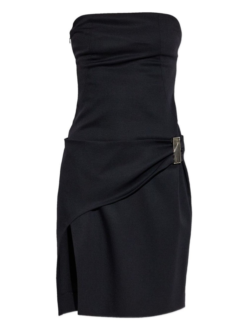 The Attico Strapless Black Mini Dress With Metallic Plate