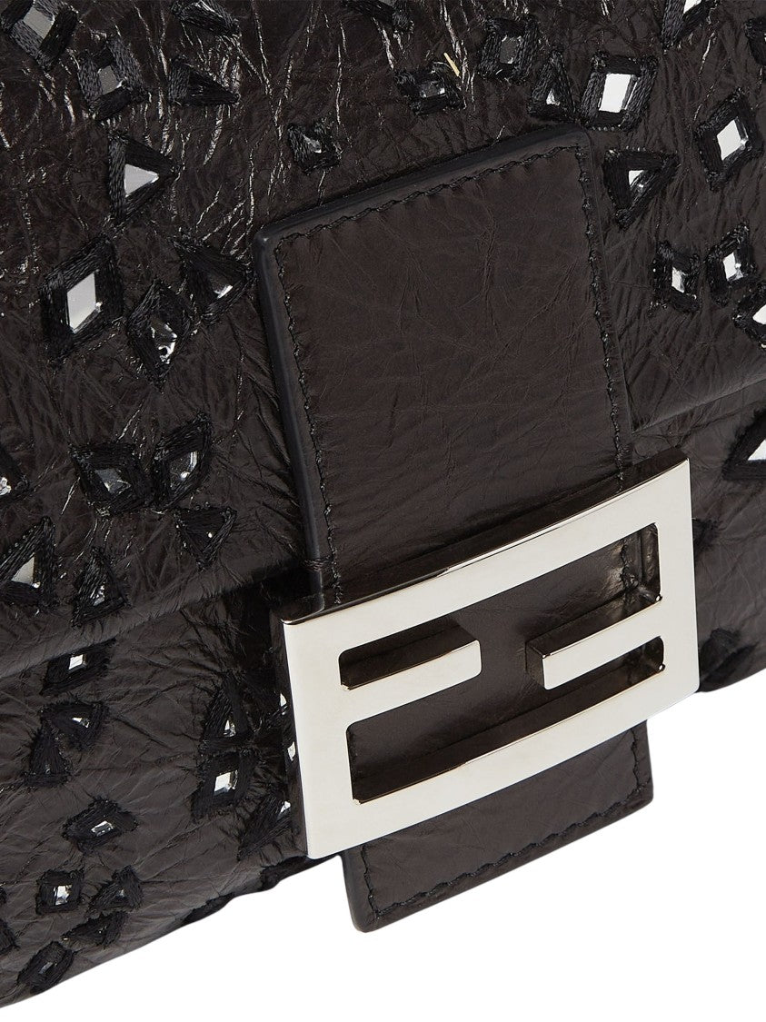 Fendi Black Geometrically Cut Mirror Calfskin Baguette Shoulder Bag