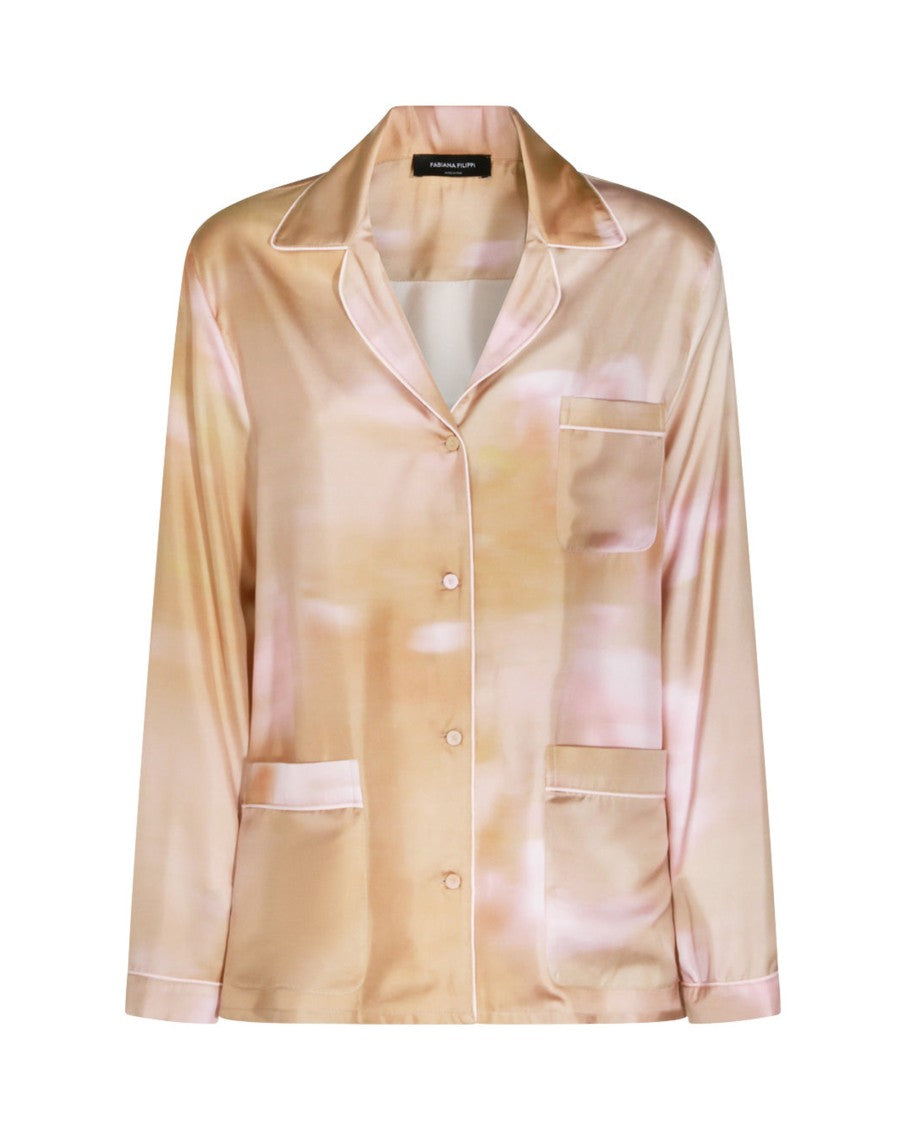Fabiana Filippi Silk Twill Shirt With Abstract Floral Print And Pink Piping