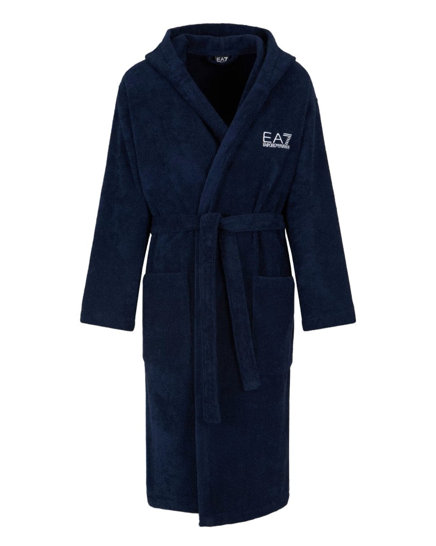 Emporio Armani Armani Blue Cotton Bathrobe With Fixed Hood