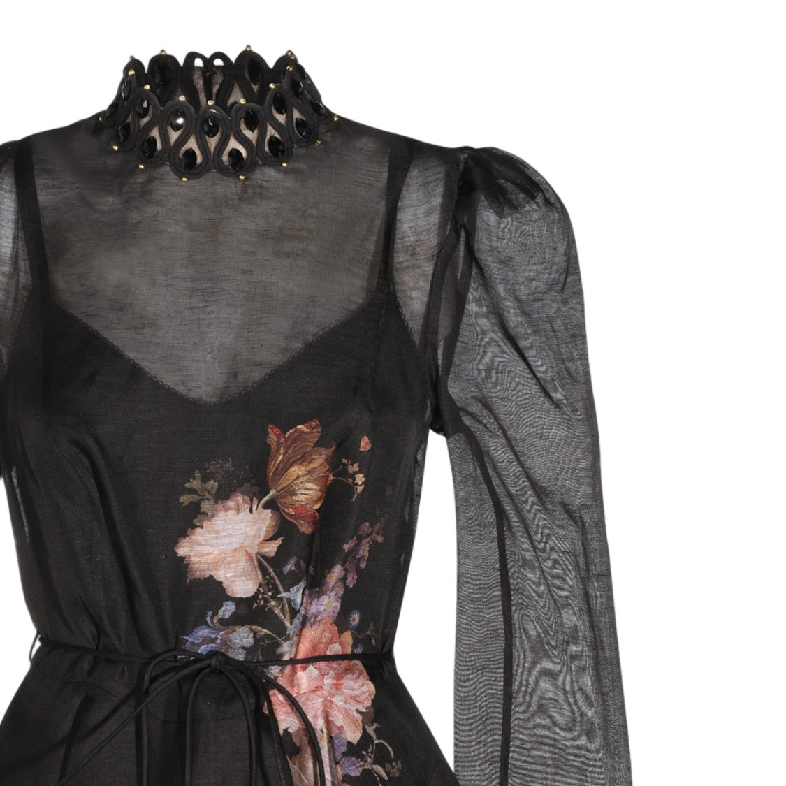 Zimmermann Black Sheer Mesh Floral Print Mini Dress