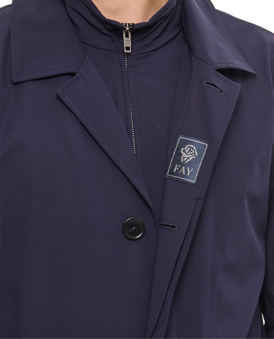 Fay Double Collar Long Coat With Zip And Button Closure