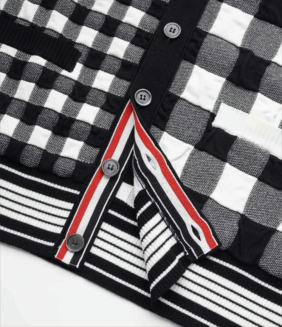 Thom Browne Checkered Knit Cardigan With V-Neckline And Patch Pockets