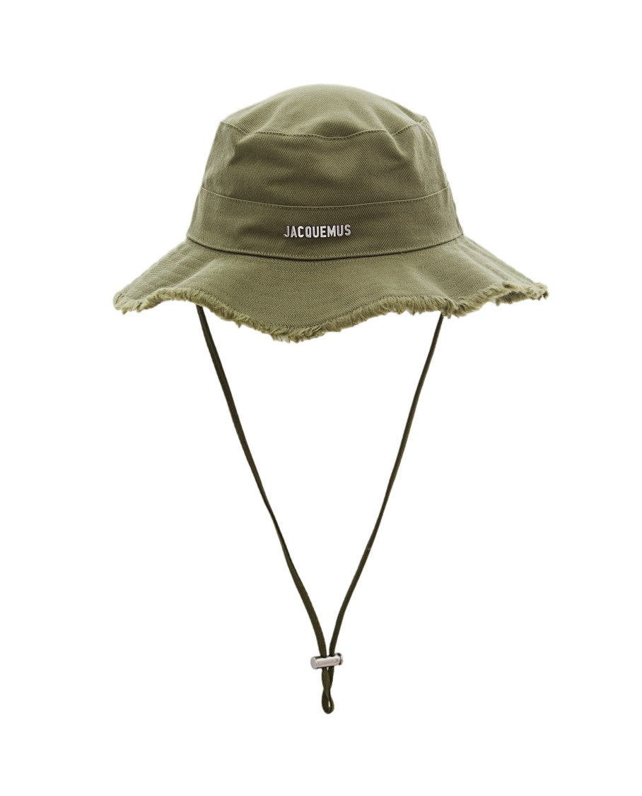 Jacquemus Green Cotton Bucket Hat With Silver Logo And Adjustable Chin Strap