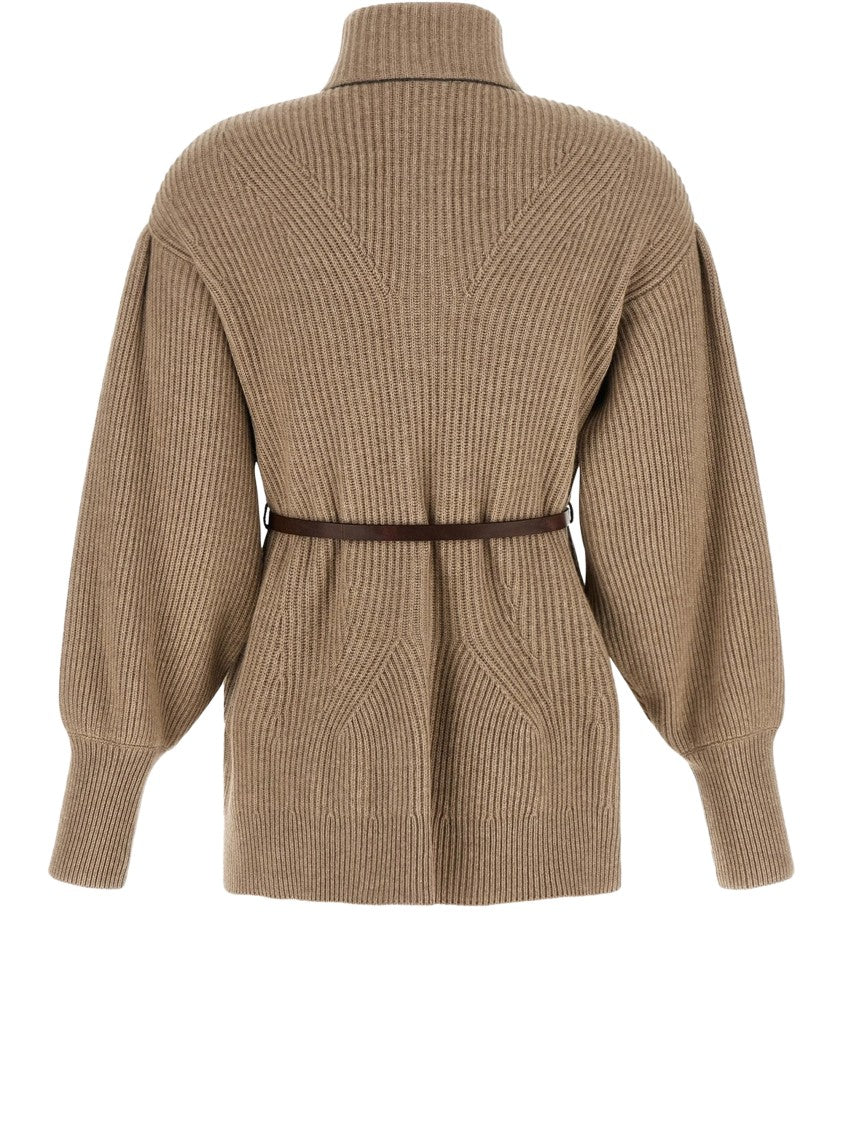 Brunello Cucinelli Cardigan Balloon Sleeve High-Collar Ribbed Knit Cardigan