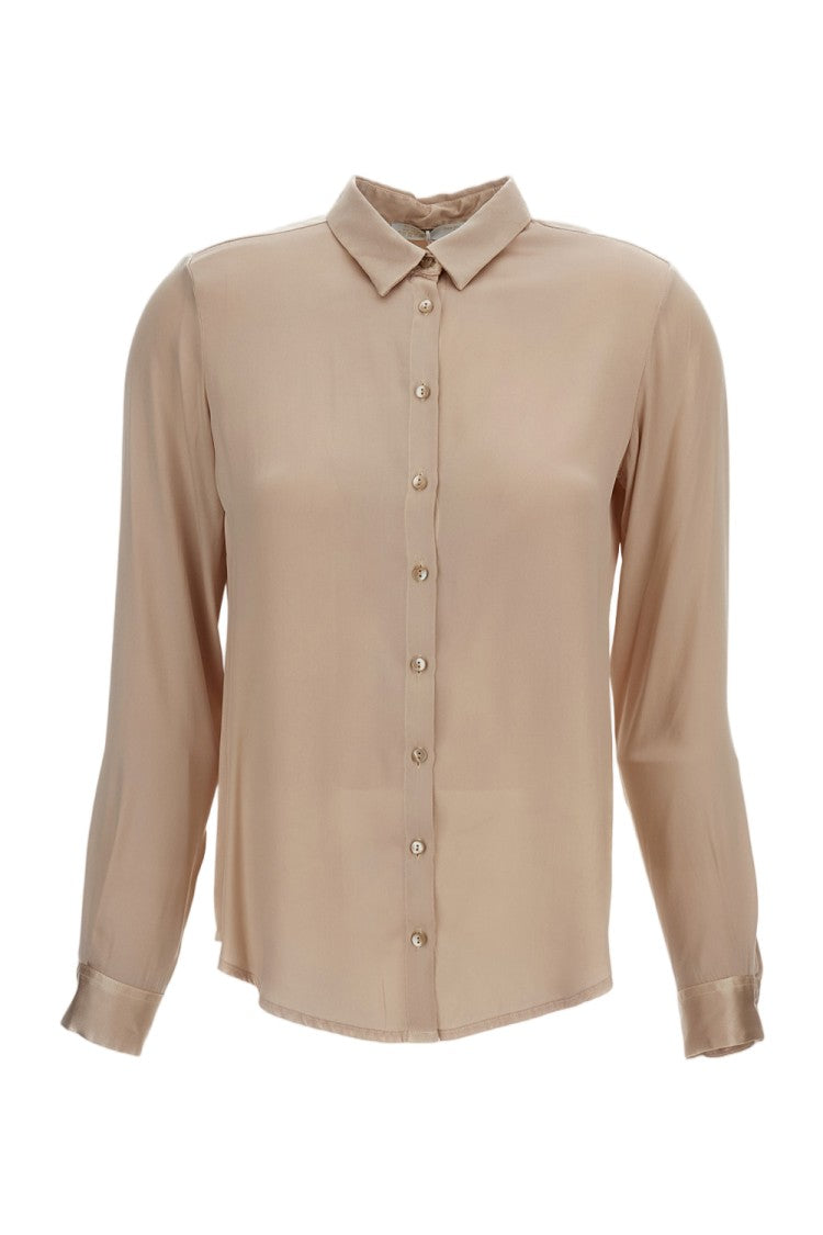 Q-Wins Button-Down Beige Blouse With Classic Collar And Pleat Detail