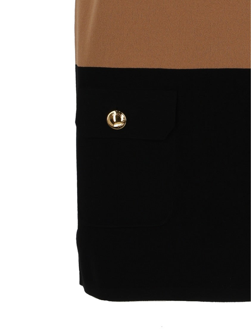 Elisabetta Franchi Sleeveless Two-Tone Knit Dress With Flap Pockets And Gold Accents