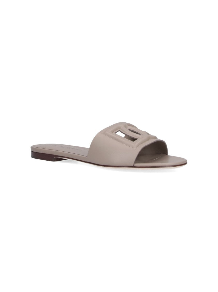 Dolce & Gabbana Taupe Leather Slip-On Sandals With Logo Detail