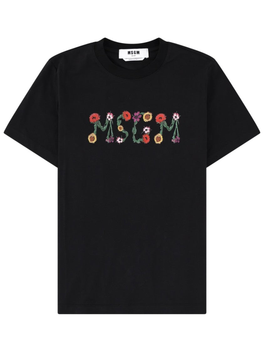 Msgm Floral Logo Cotton Crewneck T-Shirt