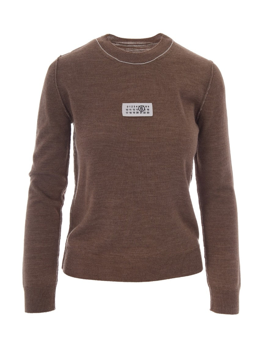 Mm6 By Maison Margiela Fitted Light Brown Knit Top With Contrasting Stitch Details