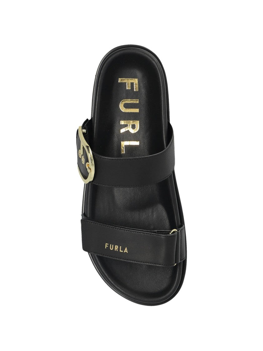 Furla Solea Sandal Black Leather Gold Buckle