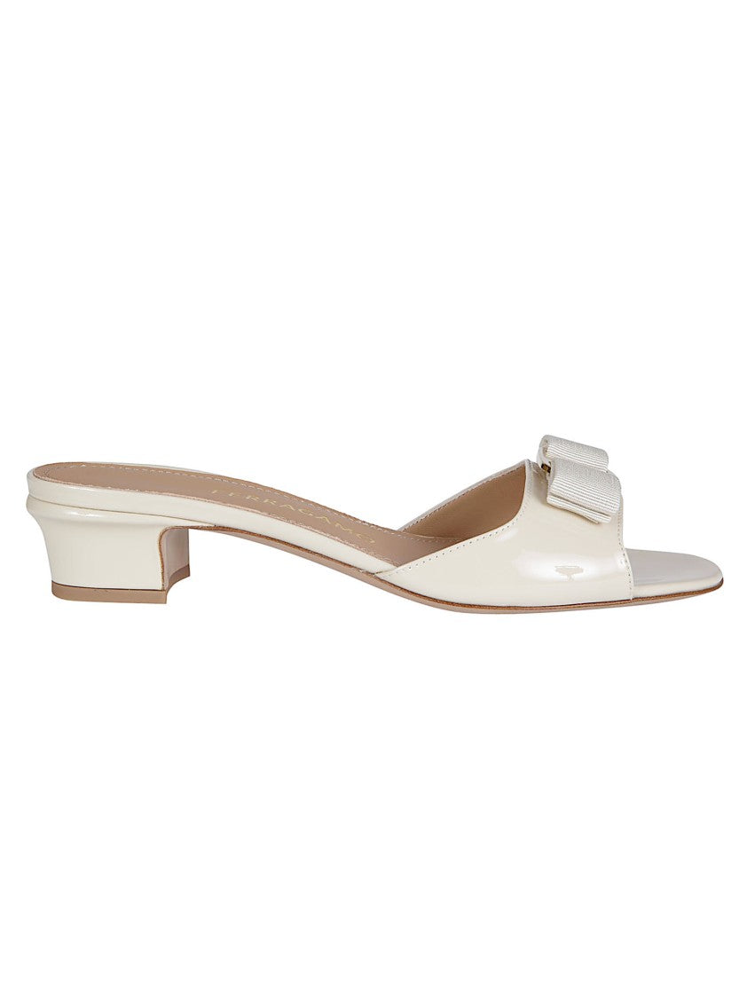 Ferragamo Open Toe Sandals With Glossy Upper And Decorative Bow