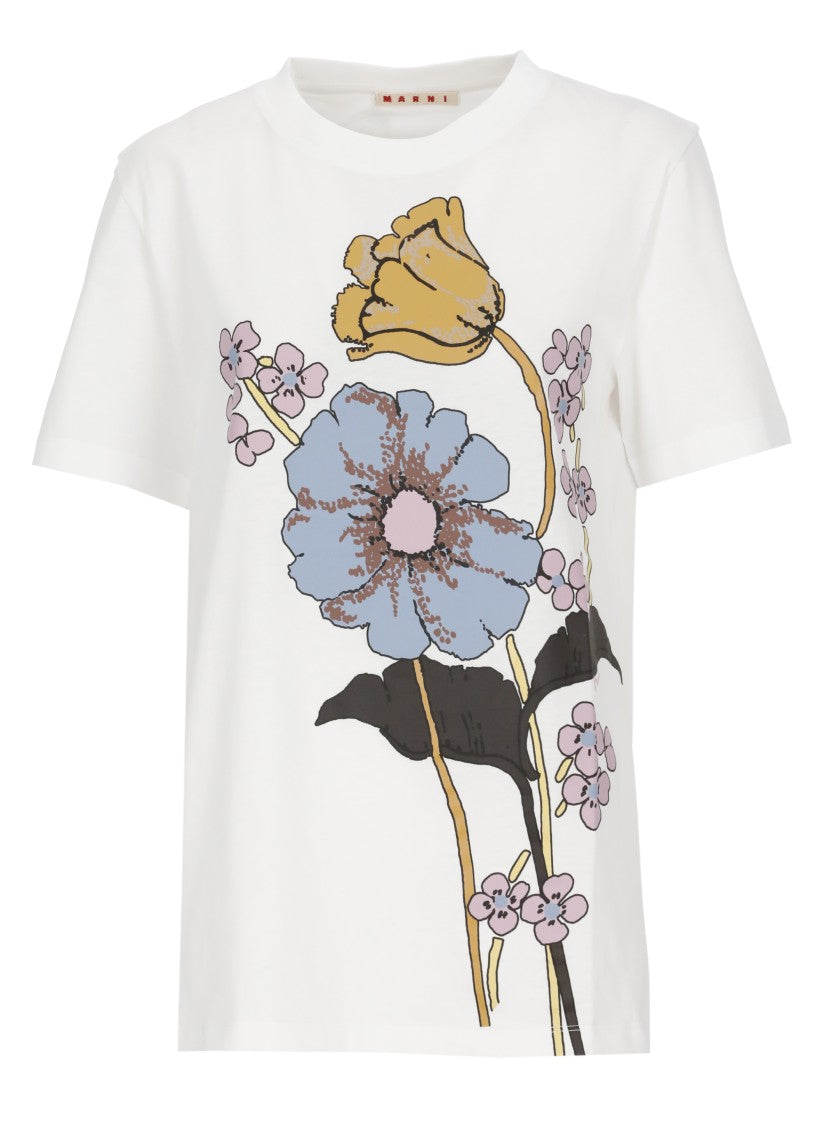Marni White Front Print Cotton T-Shirt