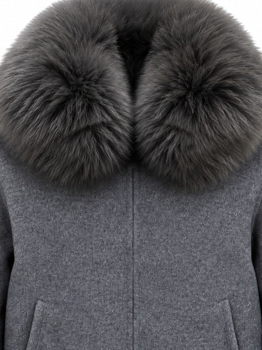 Yves Salomon Wool Bomber Jacket With Fox Fur Collar And Ribbed Details