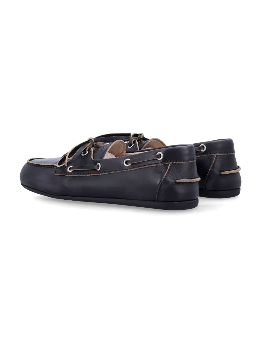 Miu Miu Leather Boat Loafers With Bow-Embossed Logo