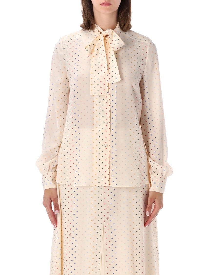 Valentino Garavani Multi Star Print Silk Bow Blouse