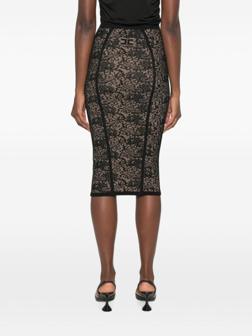 Elisabetta Franchi Black Fitted Lace Floral Midi Skirt