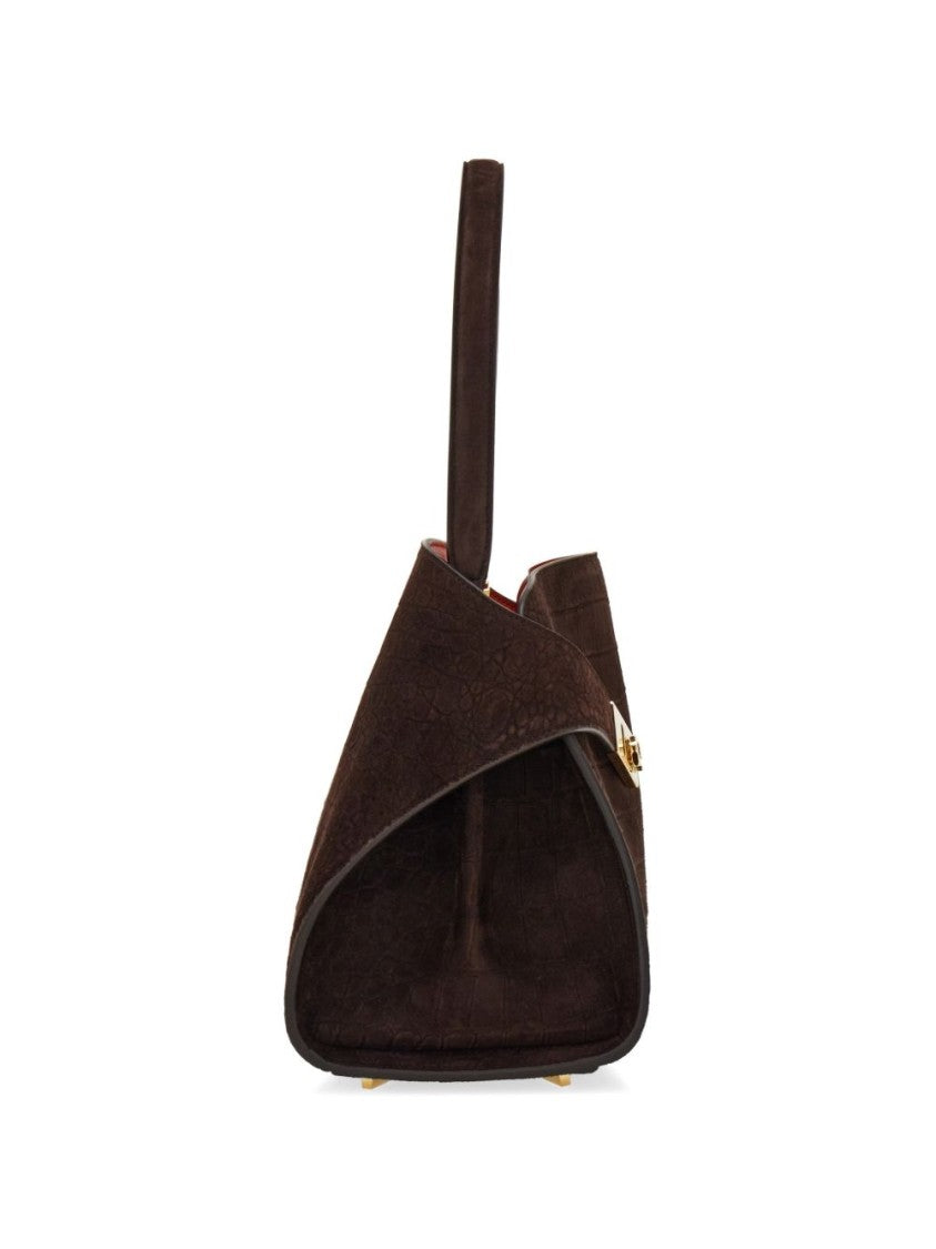 Ferragamo Structured Leather Handbag With Crocodile Pattern