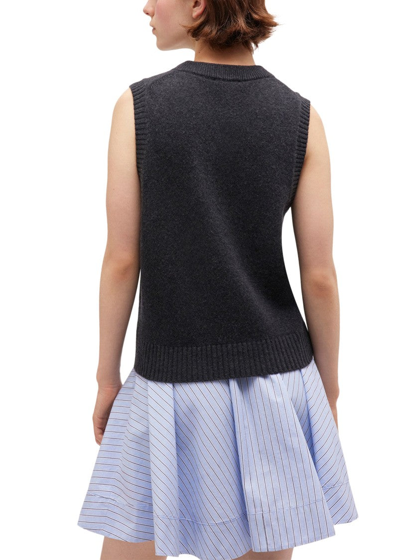 Ganni Dark Charcoal Wool Blend Floral Graphic Vest