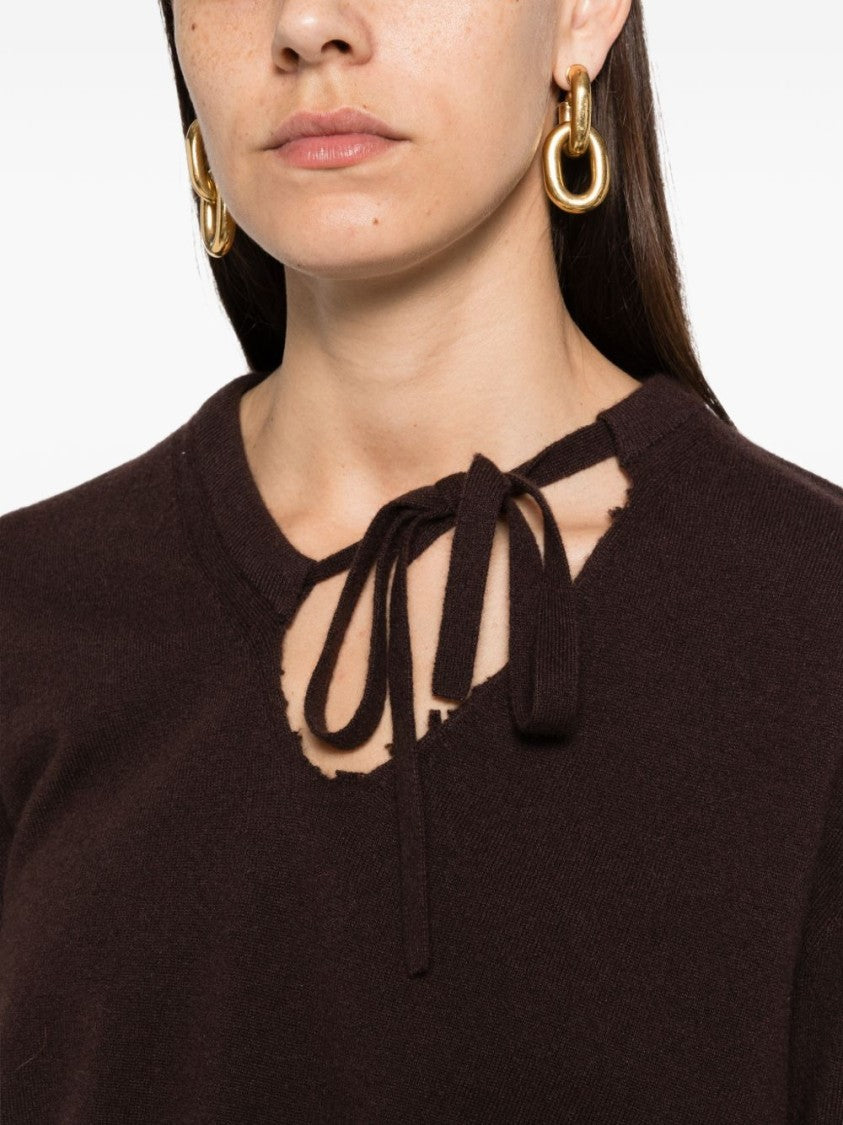 Dries Van Noten Dark Brown Ruffled V-Neck Knit Sweater