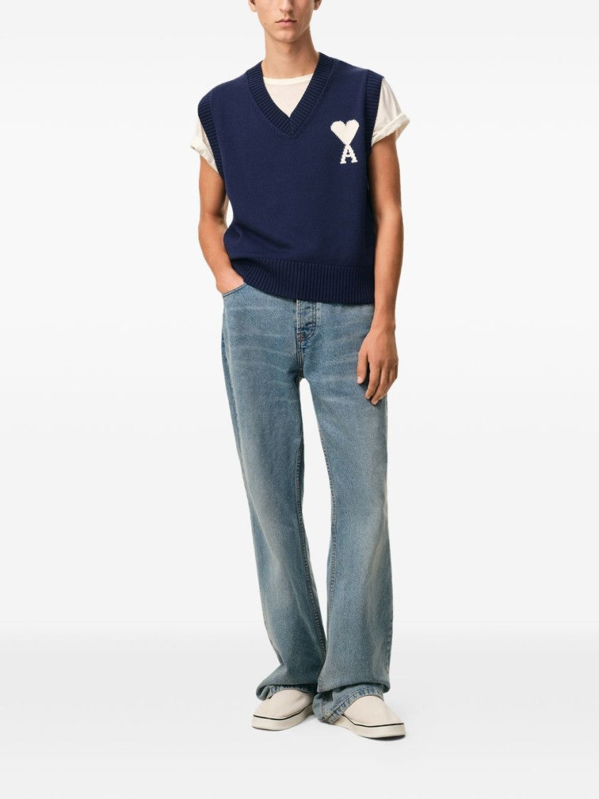 Ami Paris Sleeveless Deep Blue Sweater Vest With V-Neck And Ribbed Hem
