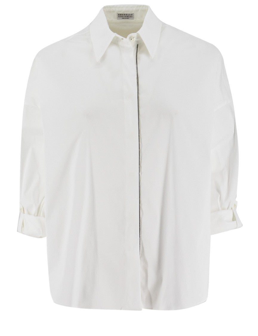 Brunello Cucinelli Flared White Shirt With Jewel Embroidery