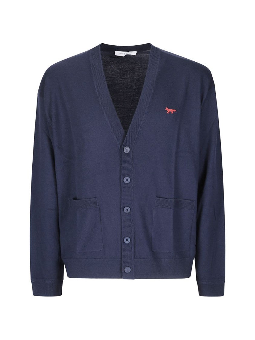 Maison Kitsuné Navy Blue V-Neck Embroidered Logo Wool Cardigan