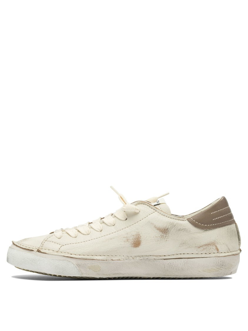 Philippe Model Paris Distressed Off-White Leather Sneakers With Brown Accents