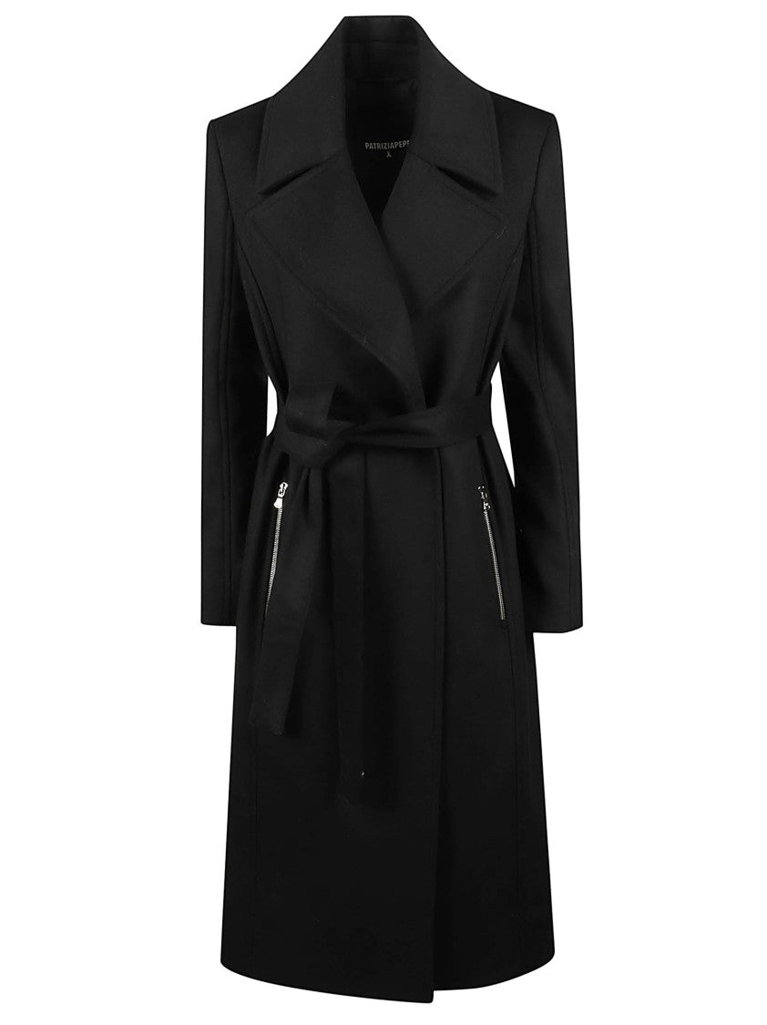 Patrizia Pepe Tailored Black Belted Wool-Blend Coat