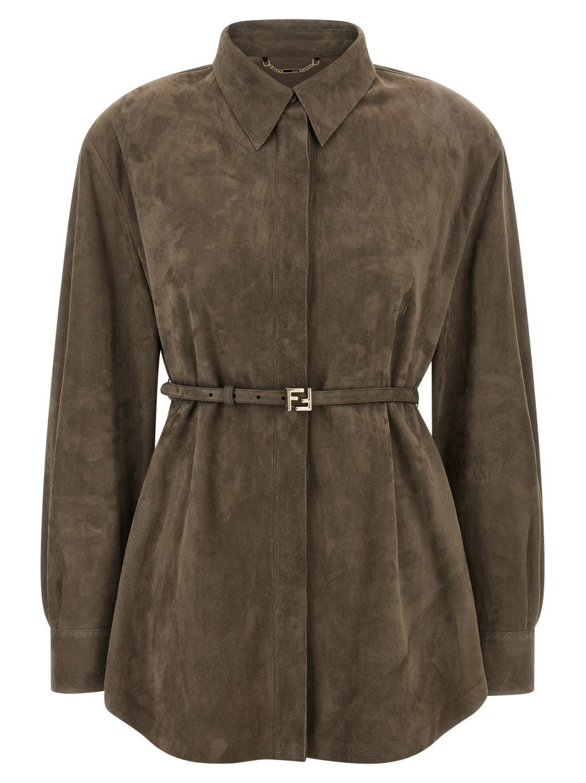 Fendi Suede Shirt With Tone-On-Tone Embroidered Logo