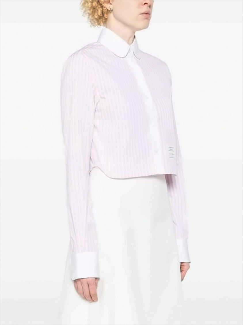 Thom Browne Cropped Shirt With Vertical Pink And White Stripes And Classic Collar