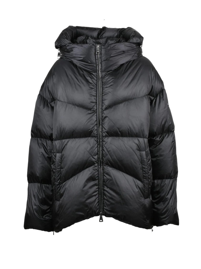 Add Hooded Black Down Jacket With Distinctive Logo Detail