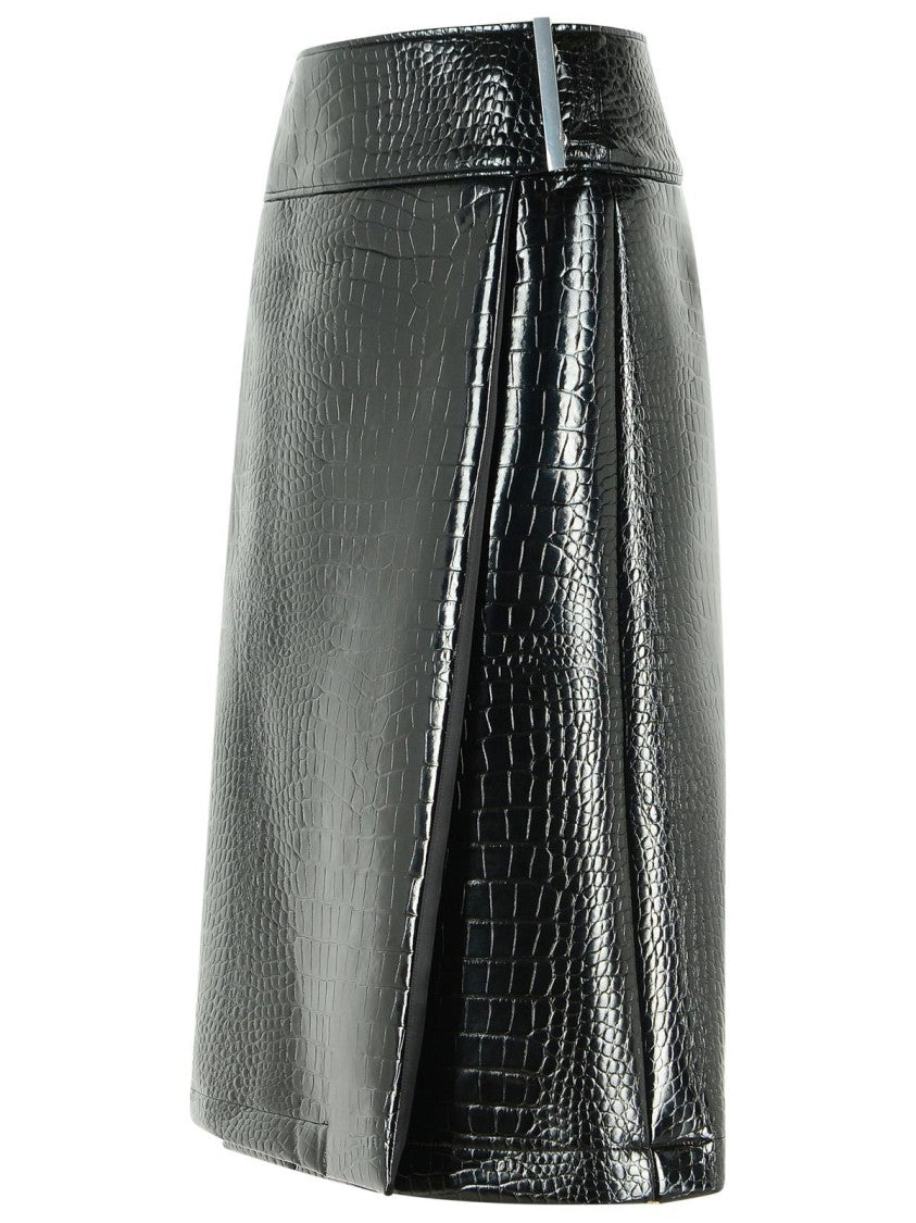 Sportmax Longuette Skirt With Black Crocodile Print In Patent Leather