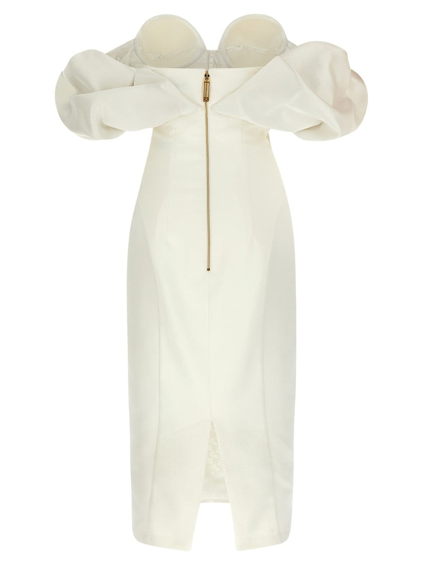 Elisabetta Franchi Satin Off-The-Shoulder Sheath Dress With Corset Detail