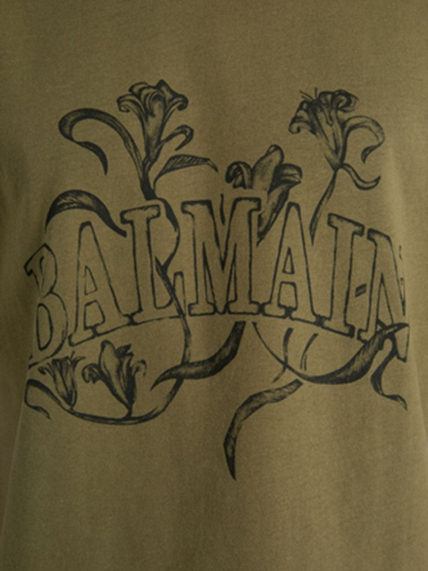 Balmain Olive Green Boxy-Fit Floral T-Shirt