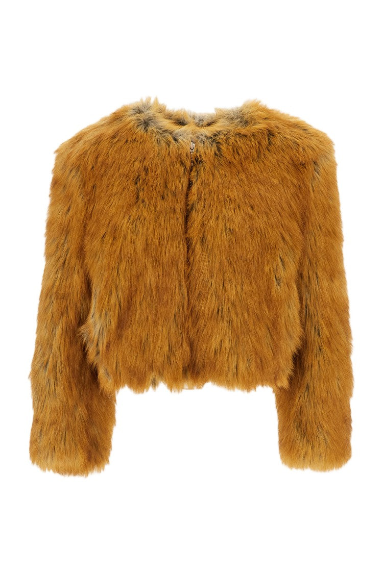 Stand Studio Cropped Faux Fur Bomber Jacket With Structured Shoulders And Relaxed Fit
