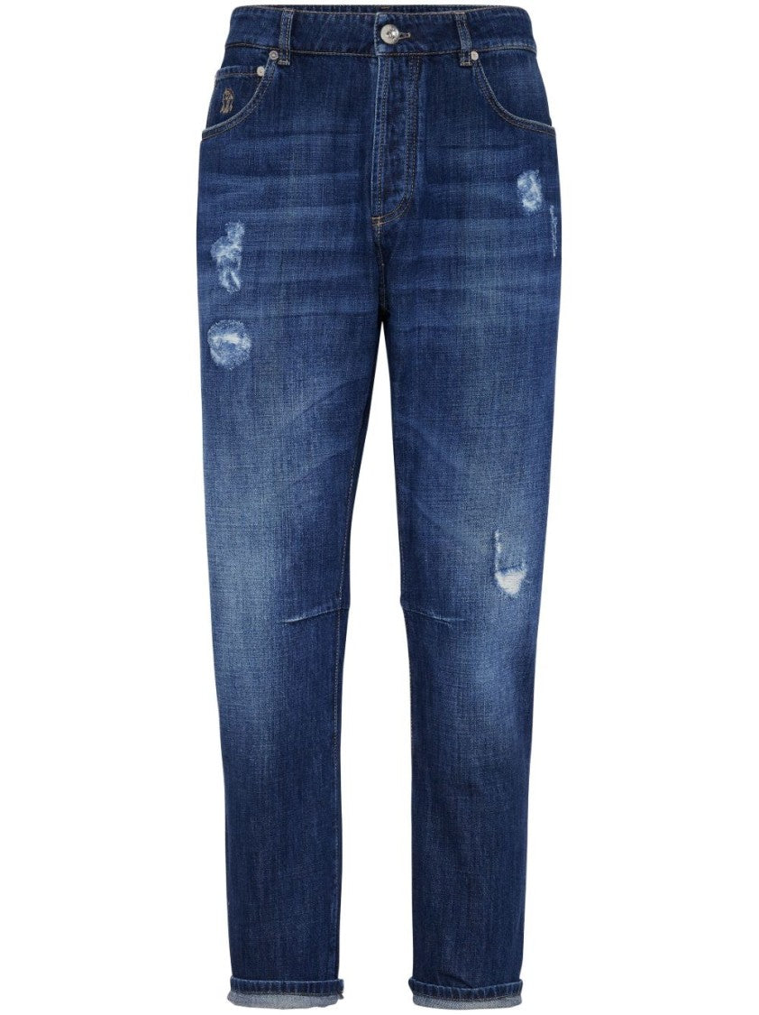 Brunello Cucinelli Indigo-Blue Cotton Trousers With Distressed Finish