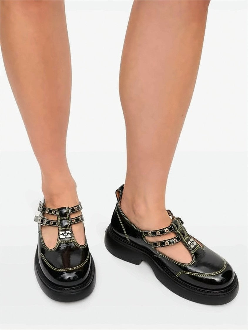 Ganni Glossy Black Flat Shoes With Double Buckle Straps