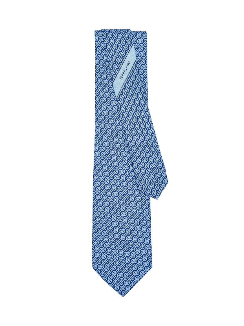 Ferragamo Slim Blue Necktie With Geometric Pattern
