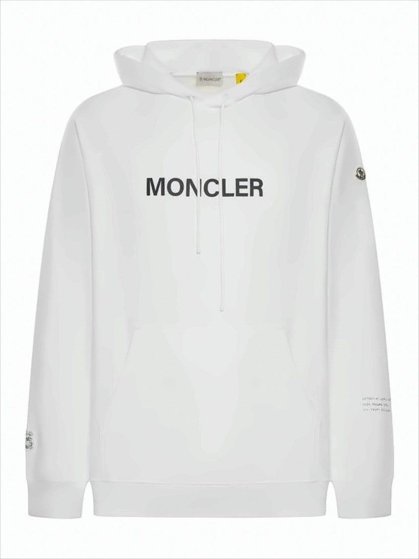 Moncler White Hoodie With Black Logo Print And Graphic Detail
