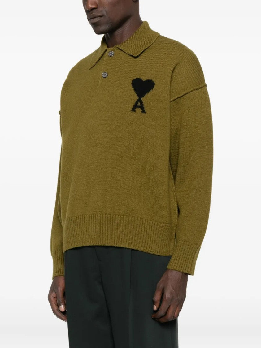 Ami Polo Neck Knit Sweater With Engraved Horn Buttons