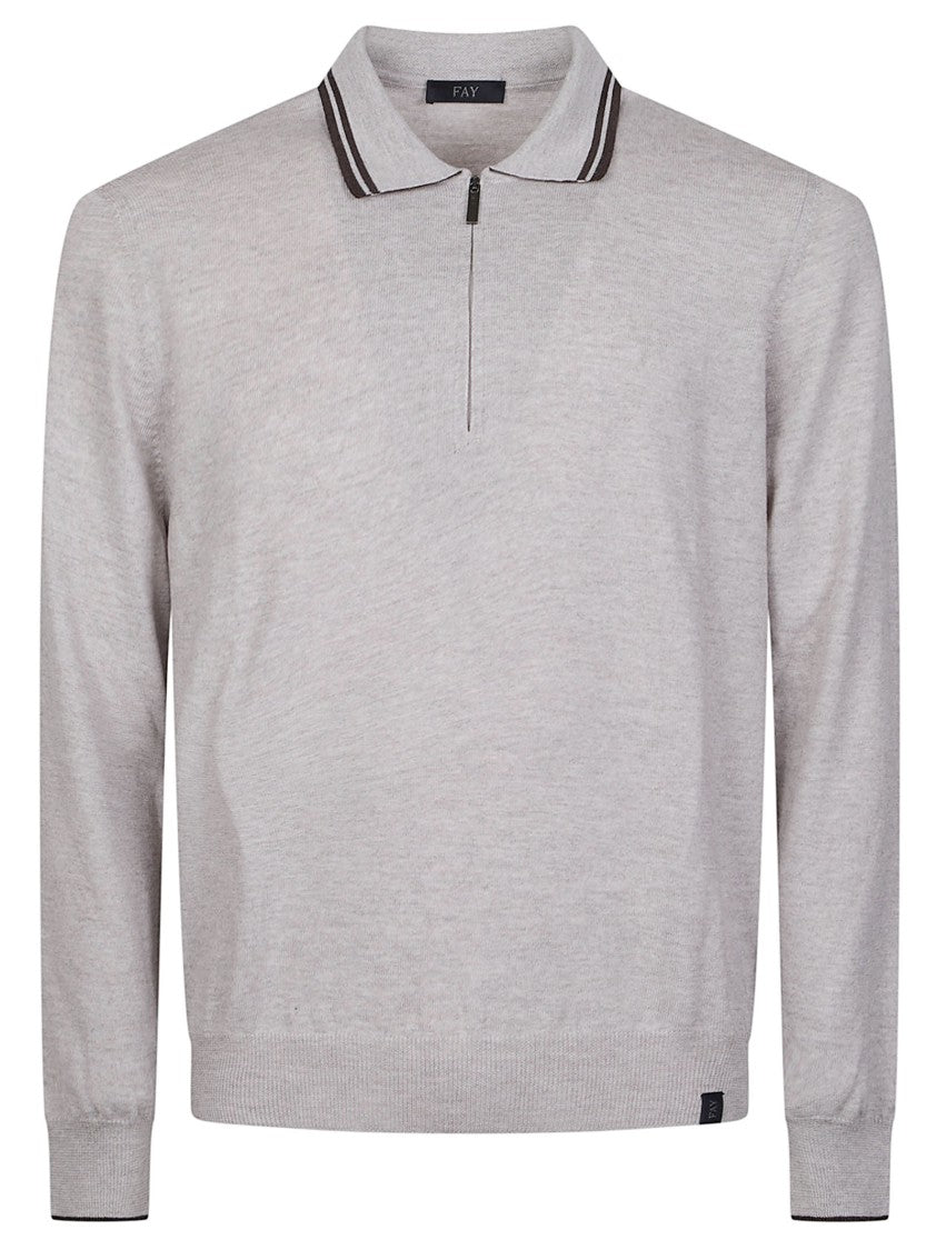 Fay Half Zip Polo Collar Striped Virgin Wool Sweater