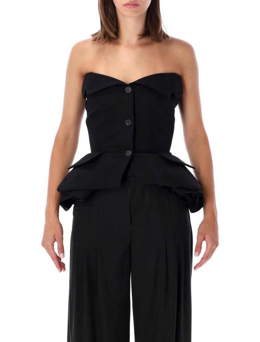 Magda Butrym Structured Peplum Rose Detail Cotton Bustier Top