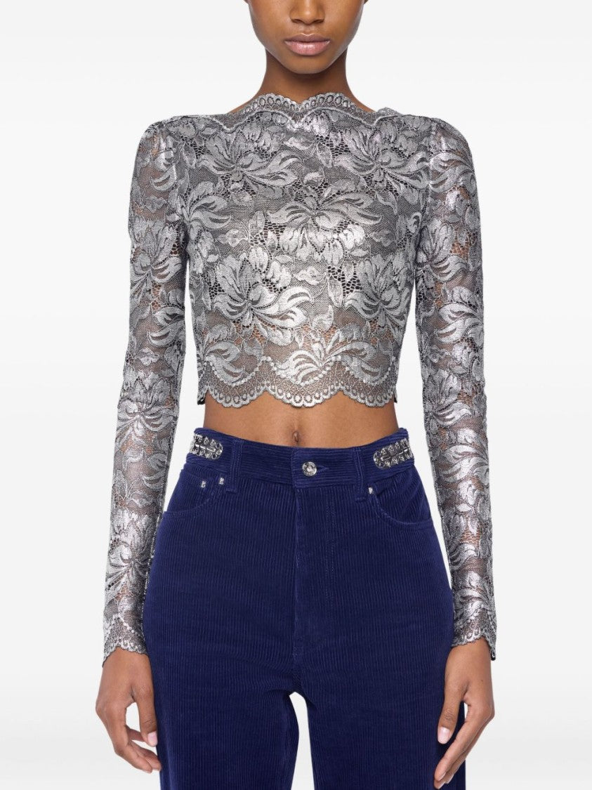 Rabanne Lace Cropped Top With Silver Foil Coating